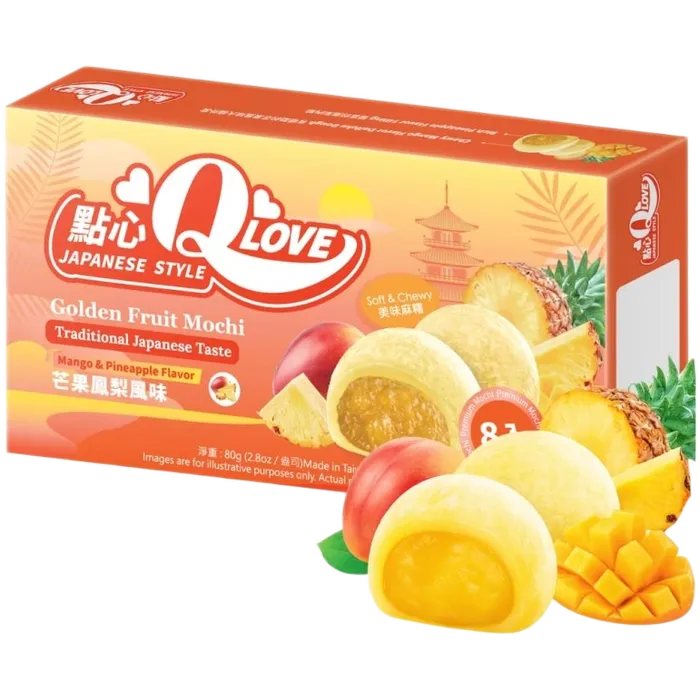 QLove Mini Mochi Golden Fruit Premium 80G – Fruchtige Mochi mit Mango- und Ananasfüllung